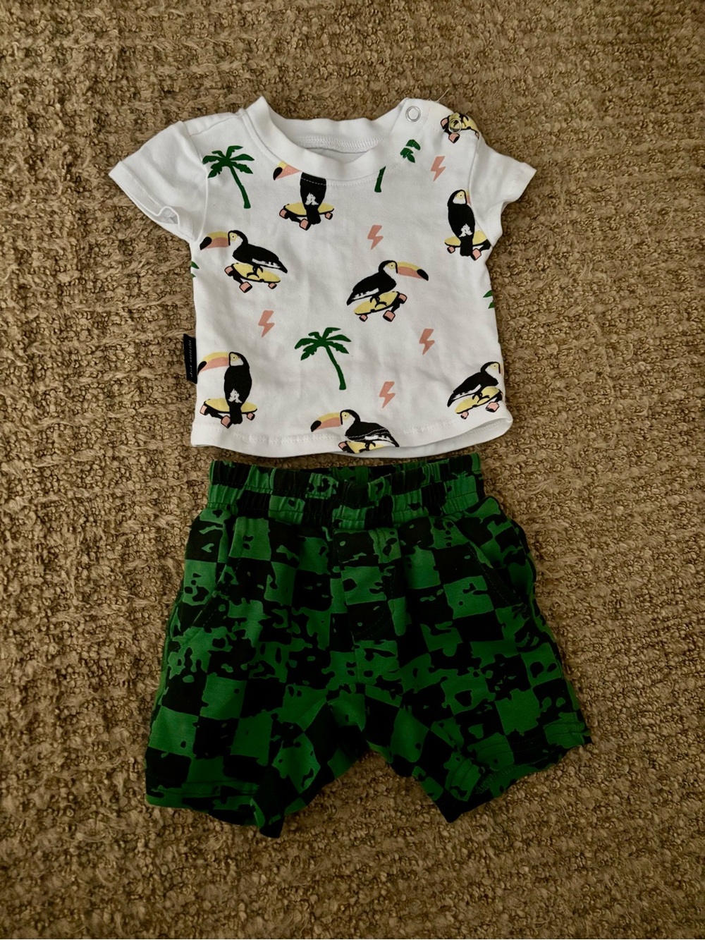 White Toucan Print Tee & Green Checker Shorts Kids Matching Set